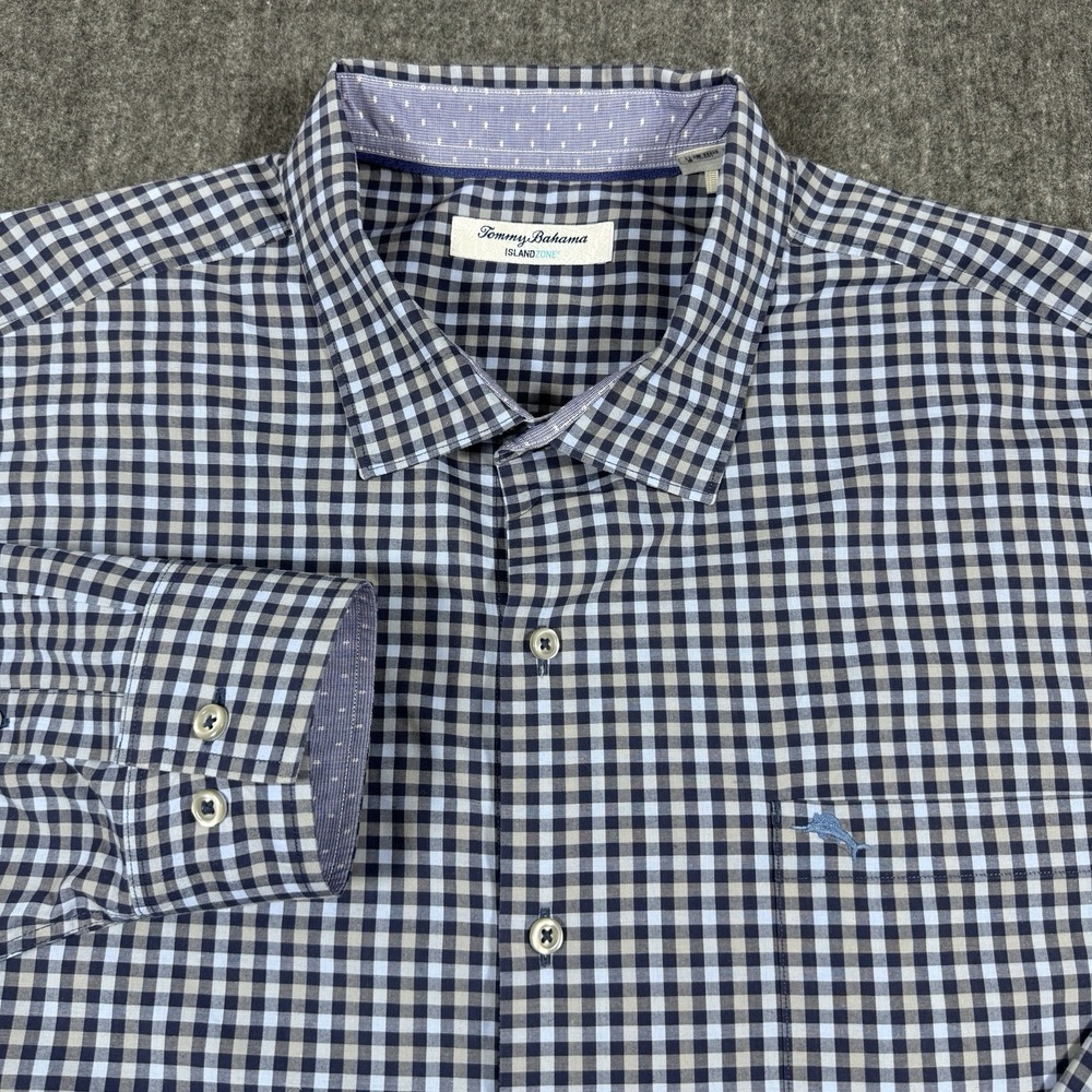 Tommy Bahama IslandZone Men XXL Plaid Shirt Pima Cotton 37.5 Long Sleeve Blue